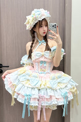 Robe Lolita Princesse Douce à Nœud Papillon à Volants Multi-Couches avec Lacet et Danse du Ruban Multicolore